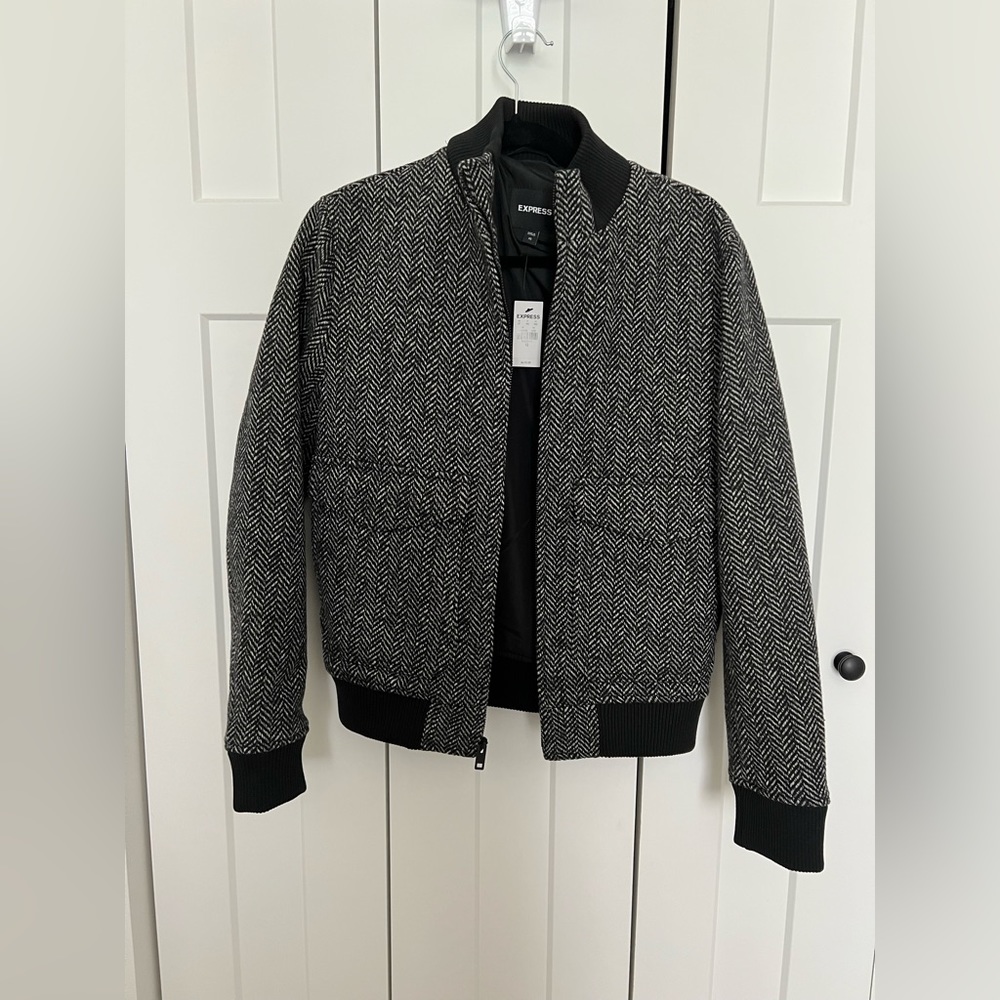 Express Mens patterned gray and black bomber jacket
